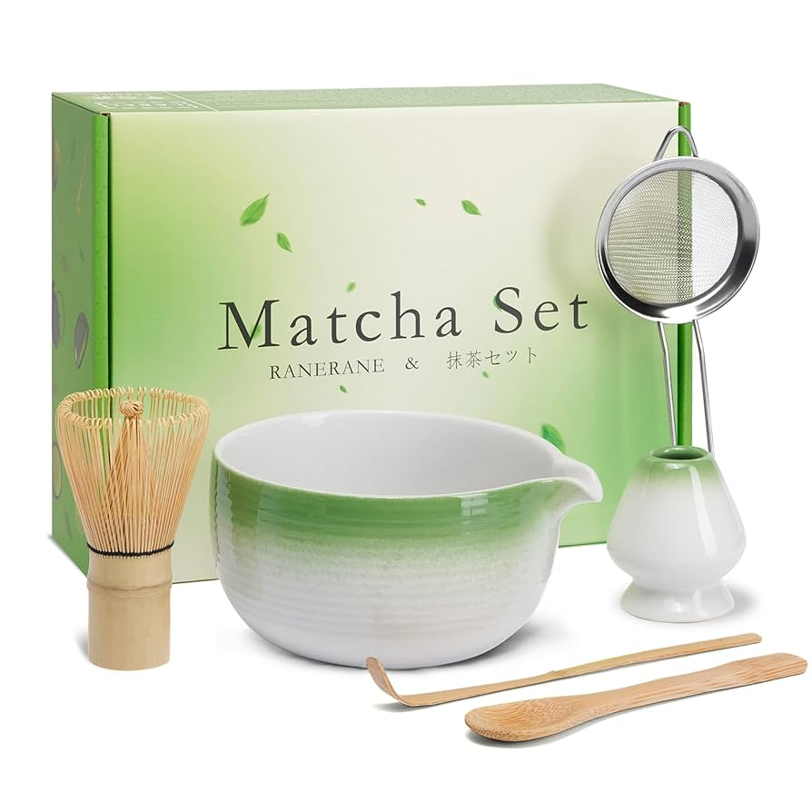 Ensemble de 5 fouets à matcha, bol de 48 cl (1 de chaque) Fouet Chasen en bambou avec support en céramique