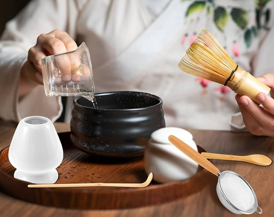 Ensemble de 5 fouets à matcha, bol de 48 cl (1 de chaque) Fouet Chasen en bambou avec support en céramique