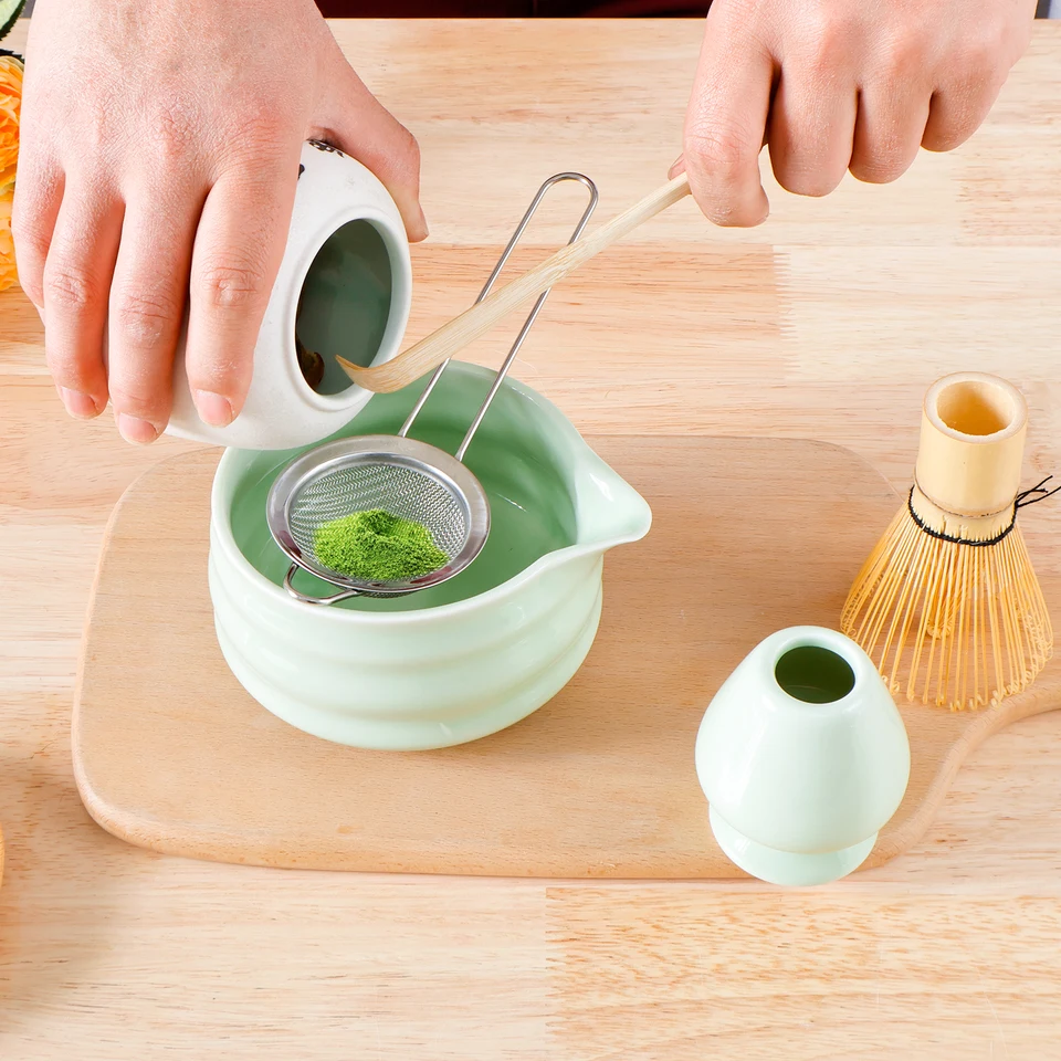 Ensemble de 5 fouets à matcha, bol de 48 cl (1 de chaque) Fouet Chasen en bambou avec support en céramique